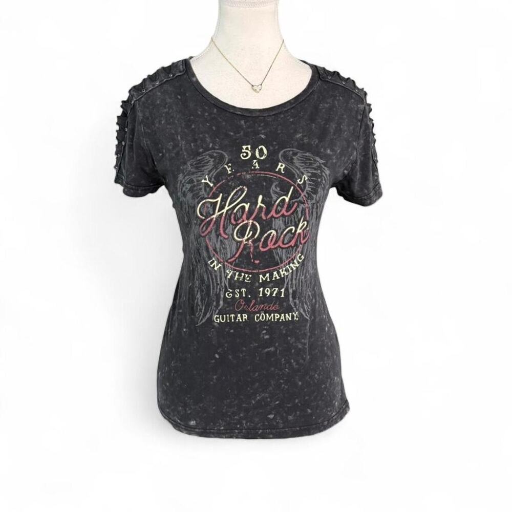 Hard Rock Studded Lace Up Vintage World Tour Size small Angel wing graphic top